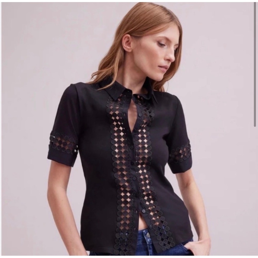 Anne Fontaine Pablo Black Lace Eyelet Short Sleeve Shirt FR 38 US 4-6 P17F242